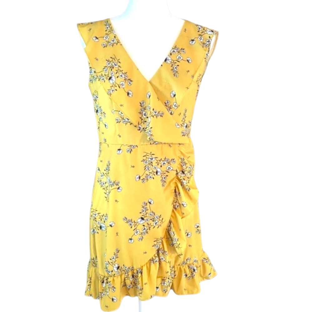 Forever 21 Yellow Floral Faux-Wrap Ruffle Mini Dress